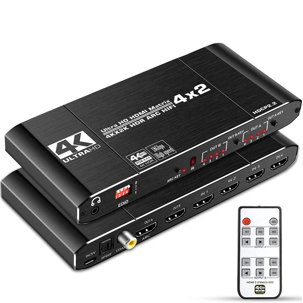 

Matrix Switch Splitter Switcher 4 in 2 Out with IR Remote Controller Support ARC HDCP
