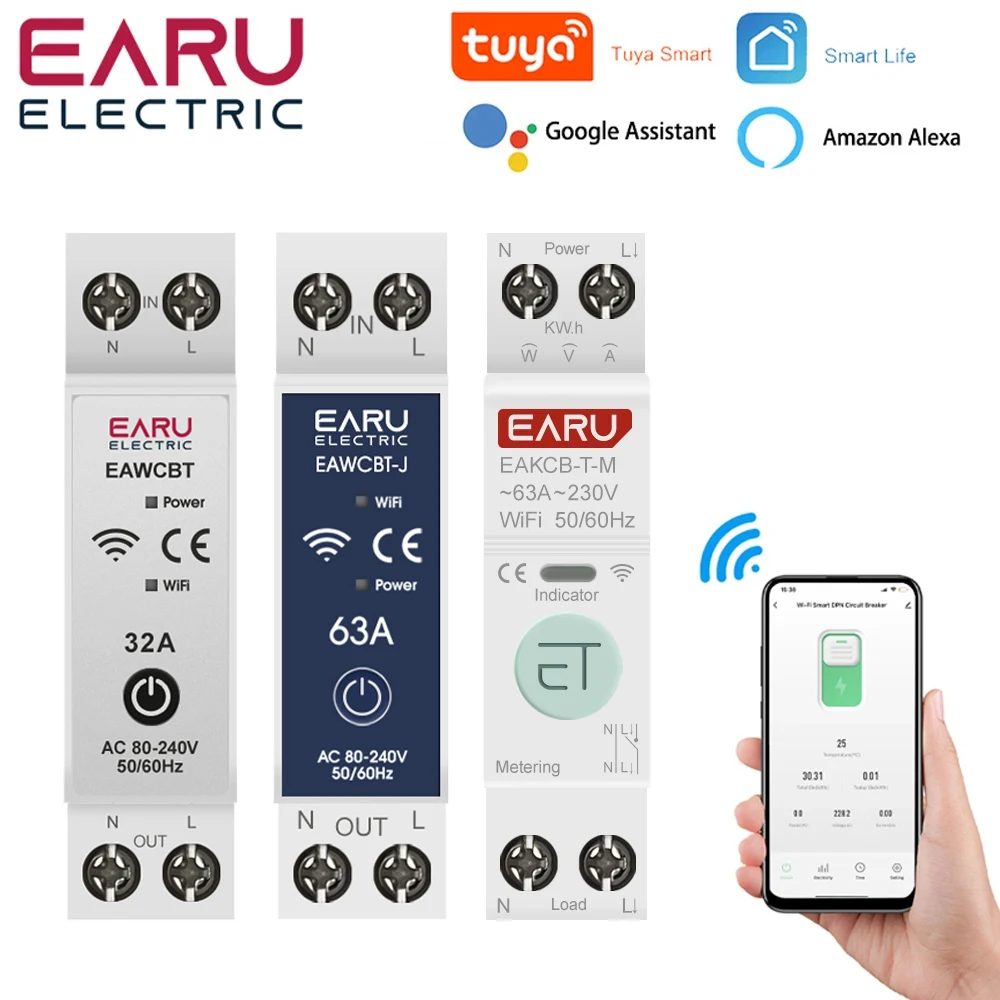 Tuya Wifi Slimme Stroomonderbreker Mcb 1P + N 63a Timer Energie Kwh Spanningsstroom Meter Beschermer Stem Afstandsbediening Schakelaar