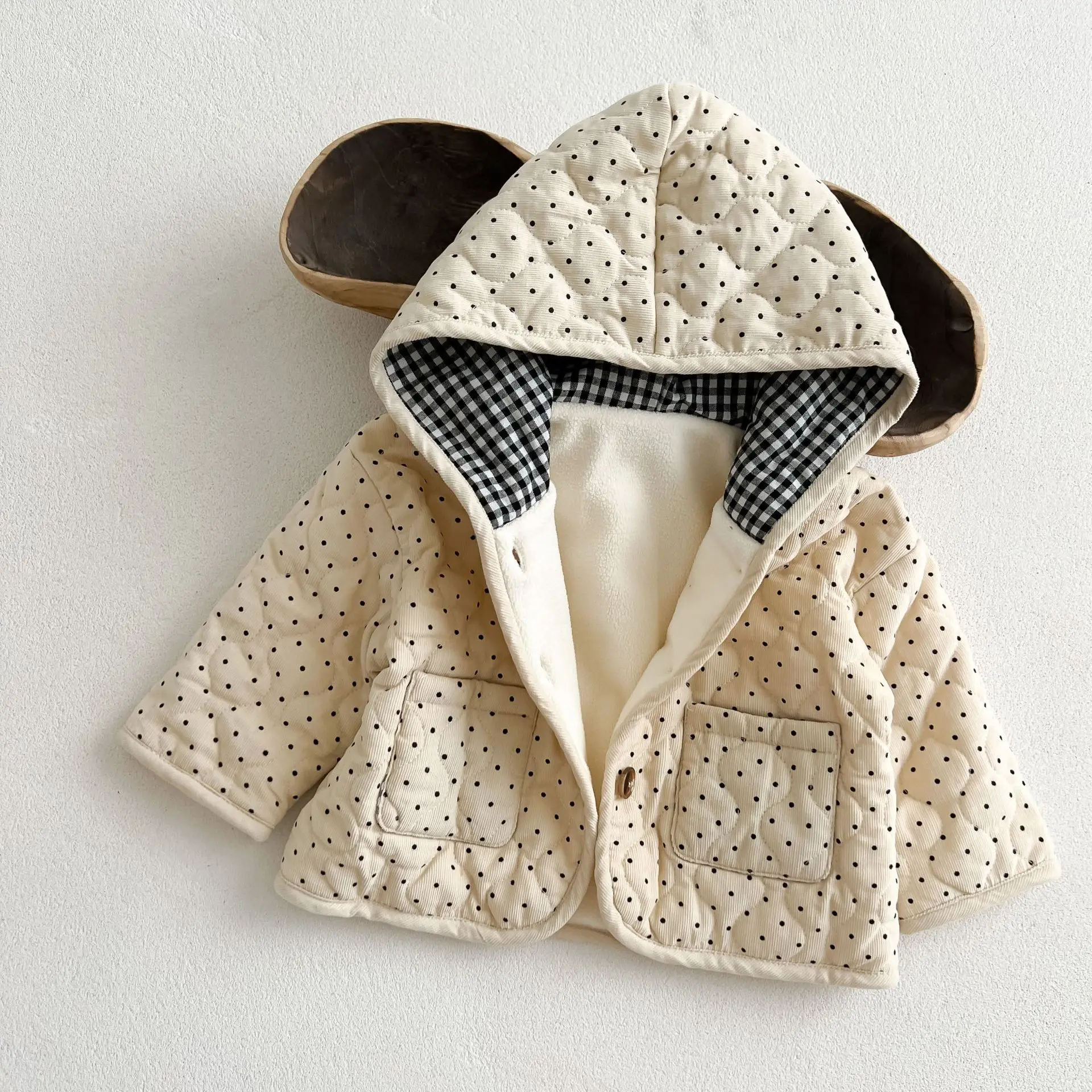 Winter New Baby Corduroy Warm Coat Long Sleeve Infant Padded Jacket Plus Velvet Thick Girls Boys Dot Print Hooded Coat