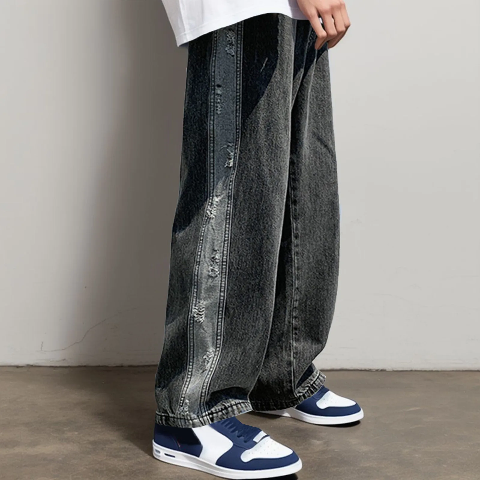 

2023 Men's Jeans Korean Version Student Casual Long Pants High Street Straight Loose Wide Leg Jeans Black Grey Baggy Jeans