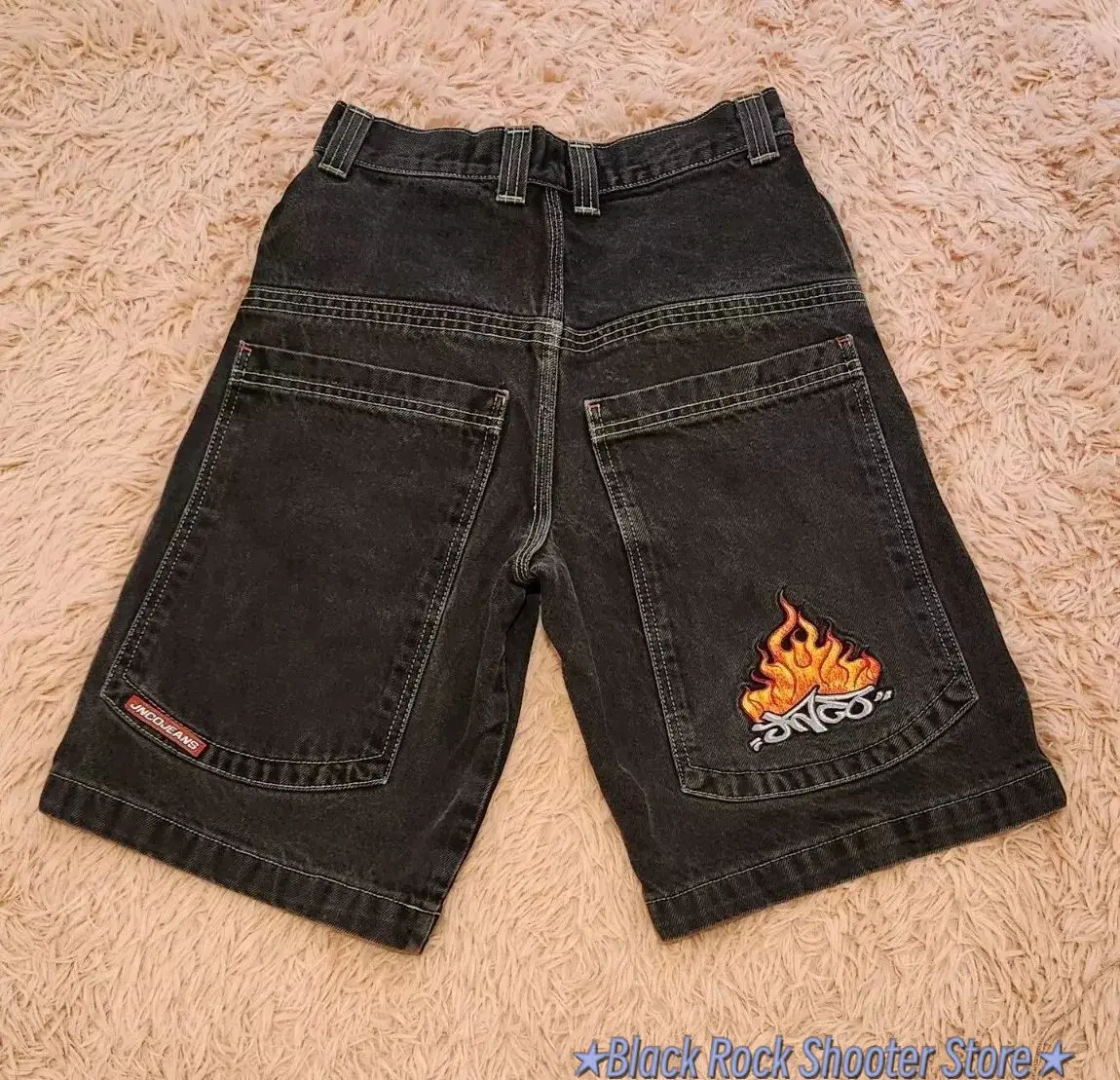 Harajuku Vintage Baggy JNCO Flame Jeans Black Loose Fitting Denim Shorts Y2K Gym Sweatpants Pants Mens Basketball Shorts