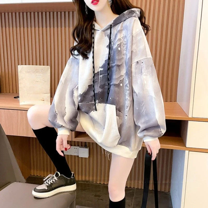 

Hoodies Female Clothes with Orint on Pullovers Hooded Loose Tops Grey Sweatshirts for Women Baggy Aesthetic Long Sleeve Novelty