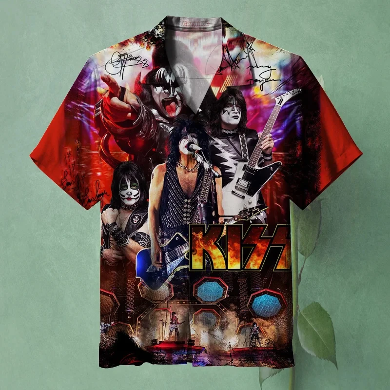 Trendy Cool Fashion KISS band Shirts Beach Party 3d Printing Hawaiian Shirt unisex Short Sleeve Oversized Blouse Lapel Shirt 2
