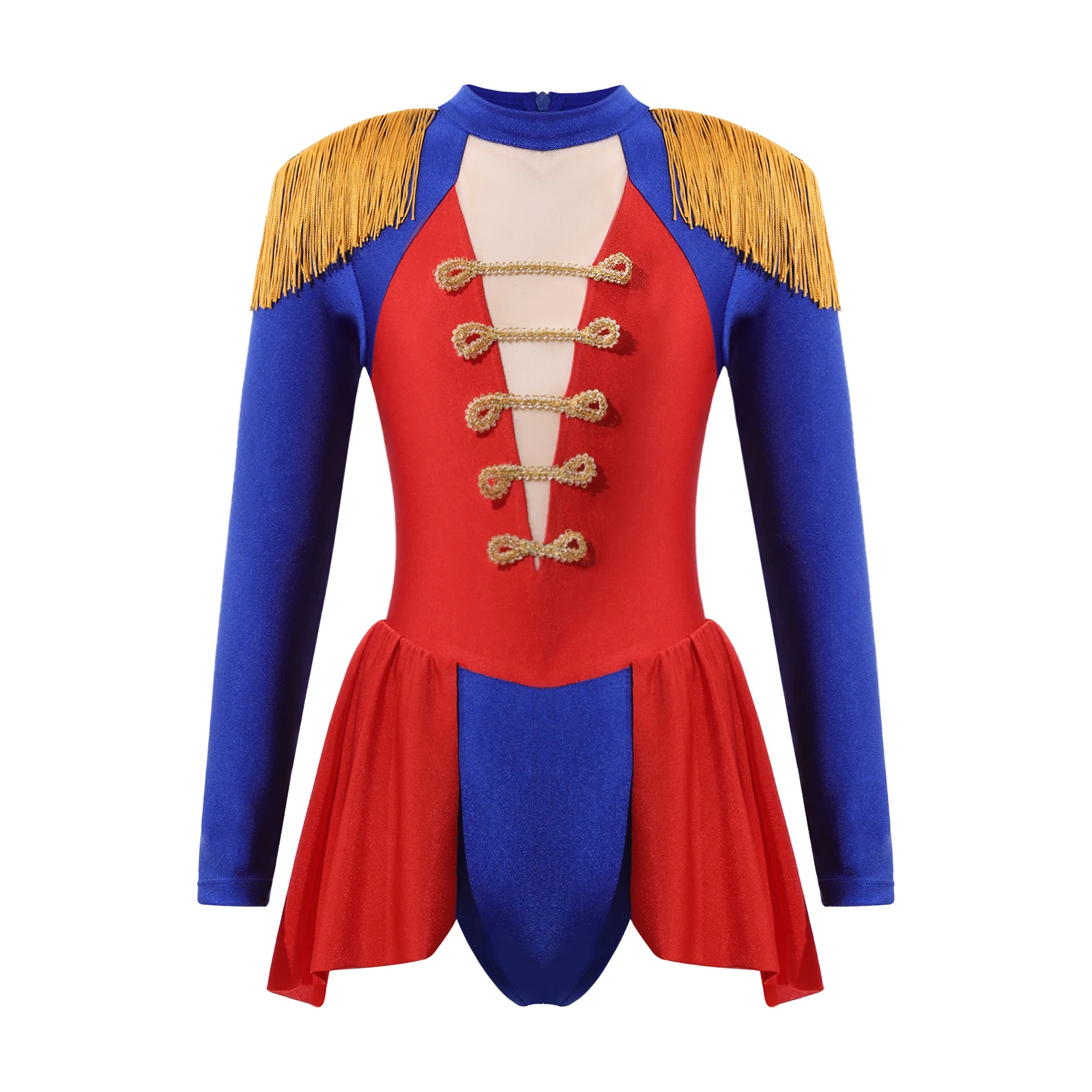 

Halloween Kids Girls Long Sleeve Tassel Epaulet Short Jumpsuit with Skirt Coattails at Back Drum Major Circus Cosplay Costume