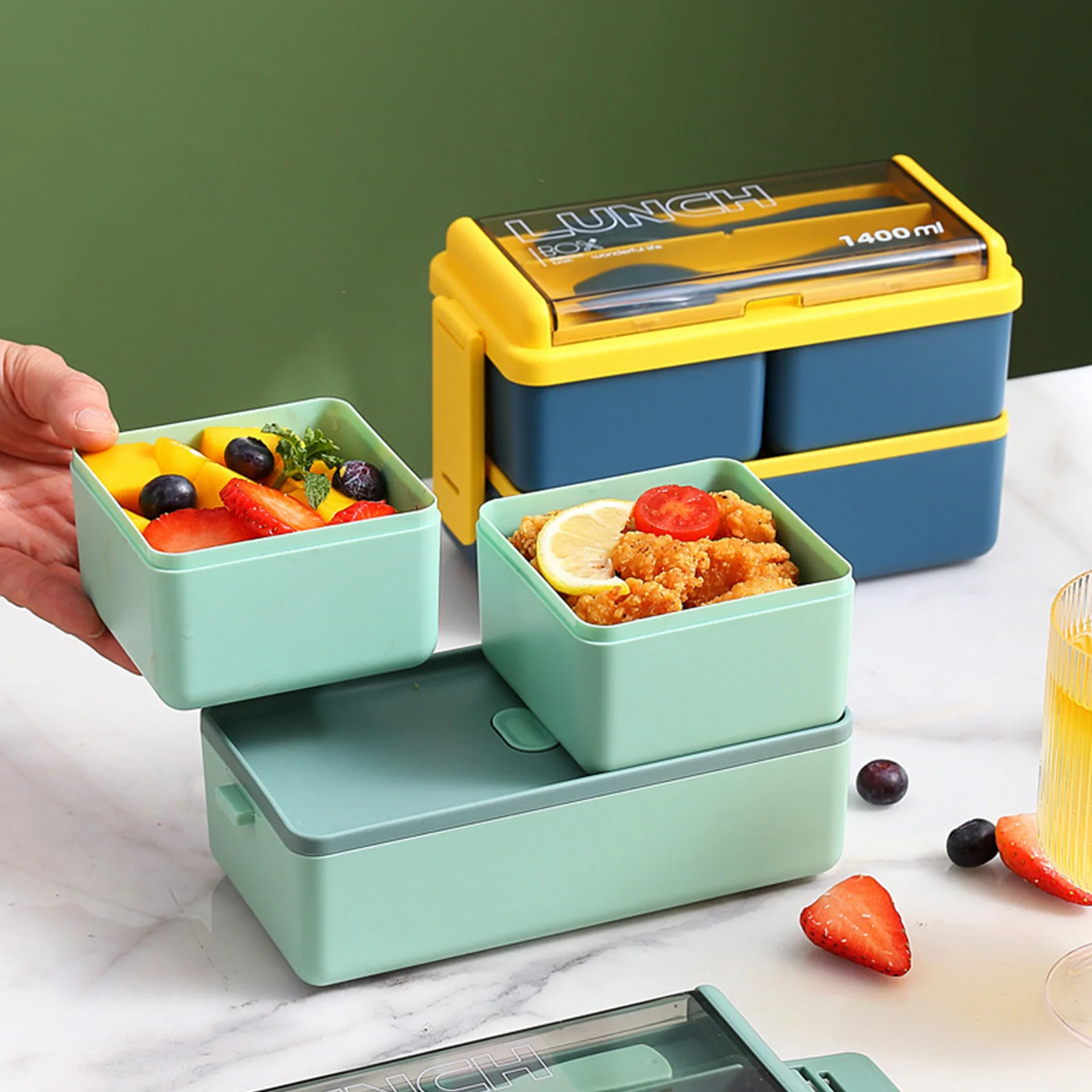 Square Stainless Steel Containers | Microwave-Safe Green / 600 ml