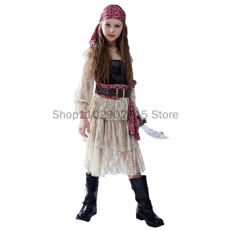 Medieval Kids Girls Cosplay Children Lace Pirate Skirts Costumes Halloween Carnival Dress Up Outfits Party Birthday Fancy Dress