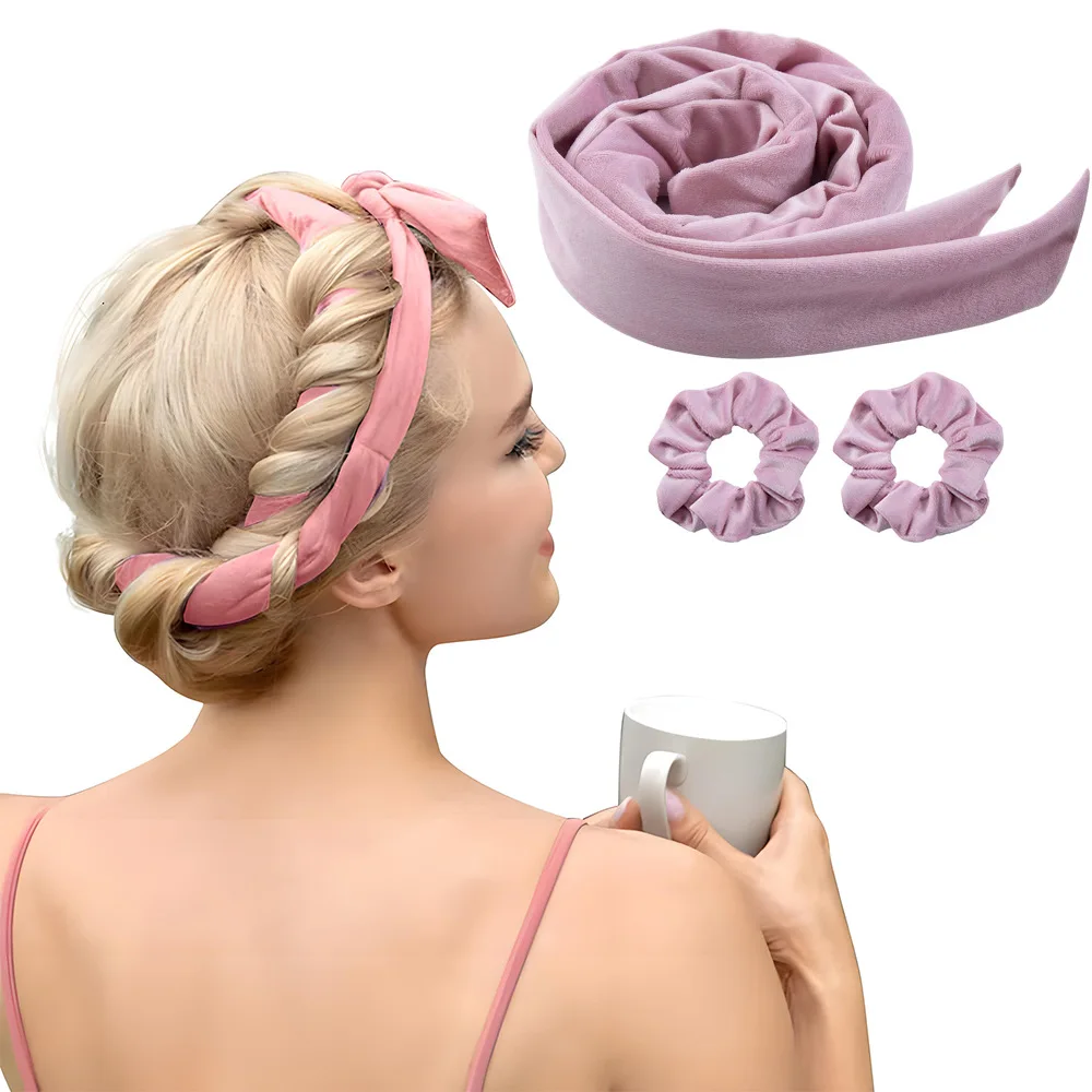 3pcs Satin Heatless Curling Set Extra Long Heatless Velour Curling Rod Headband Women No Heat Soft Cotton Ribbon Kit