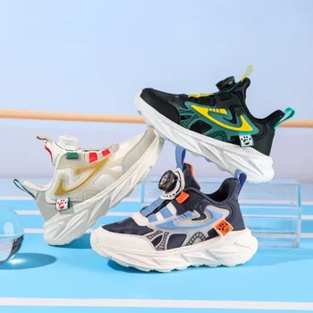 Scarpe sportive per bambini in pelle autunnale con fibbia rotante Scarpe da corsa per ragazzi all'aperto Scarpe da ginnastica casual per studenti antiscivolo con suola morbida 1