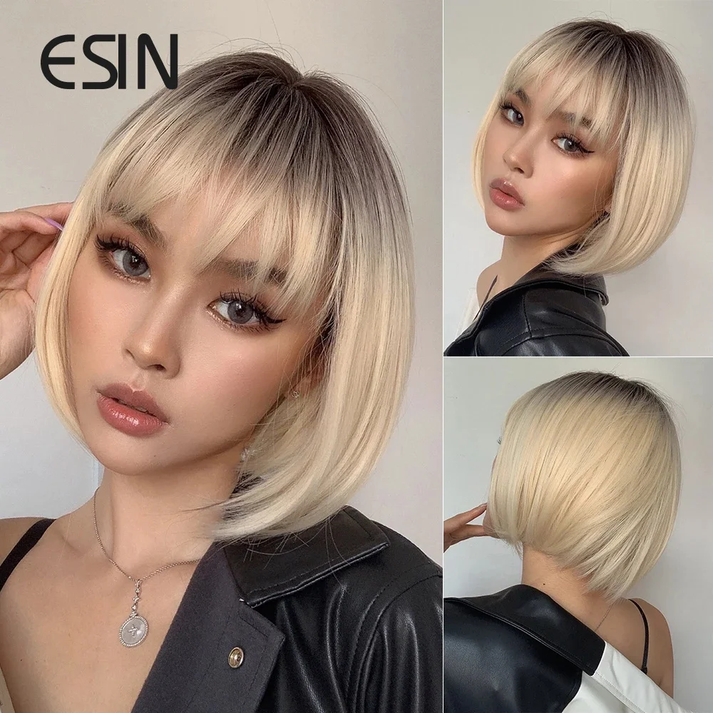 

ESIN Synthetic Medium Long Straight Hair with The Top Black Ombre to White Blonde Bob Wigs for Women Heat Resistant Natural