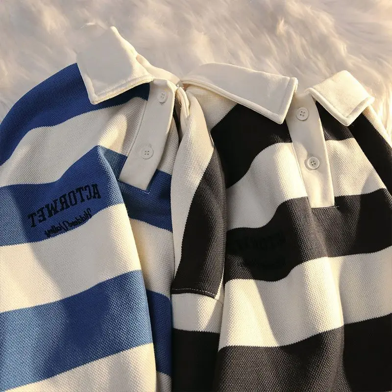 Polo da uomo di grandi dimensioni retrò a righe a contrasto di colore colletto polo maglione da uomo autunno cappotto allentato maniche lunghe bottoni top - immagine 3