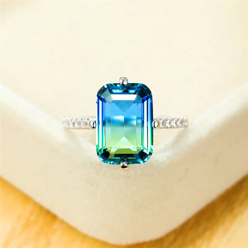 Female Trendy Rainbow Crystal Stone Classic Silver Color Thin Wedding Rings For Women Charm Bridal Square Engagement Jewelry