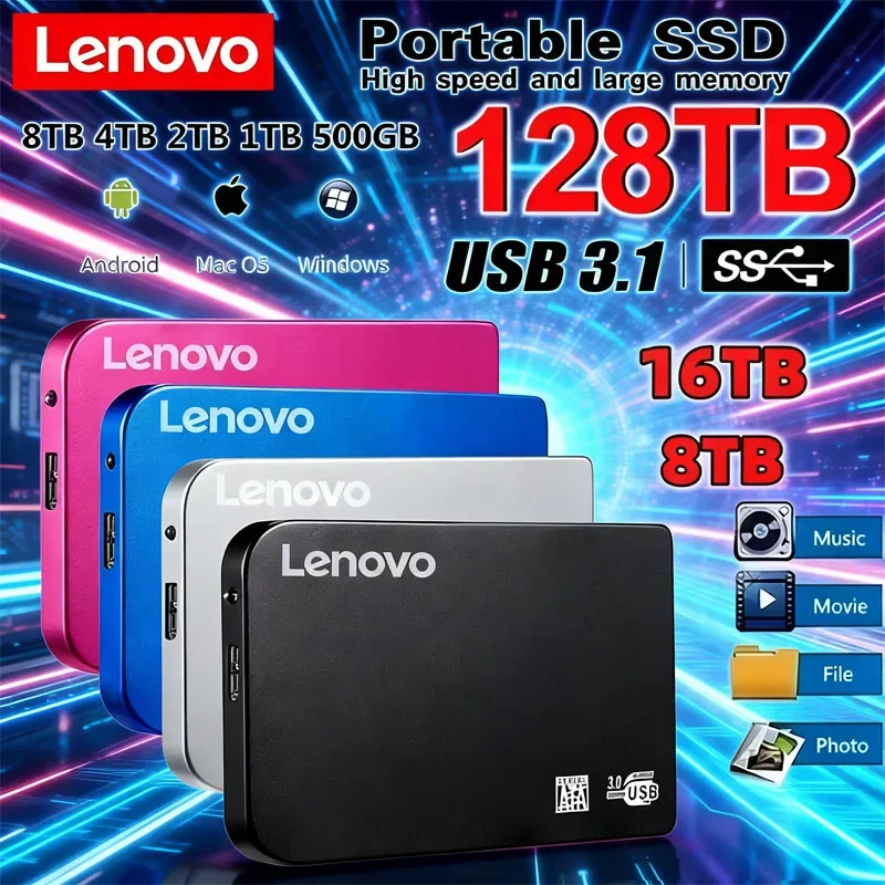 레노버 128TB SSD 고속 SSD USB 3.0 엔클로저 모바일 하드 드라이브 케이스 (SSD 외장 스토리지 HDD 박스, USB3.0 케이블 포함, ABS 소재)