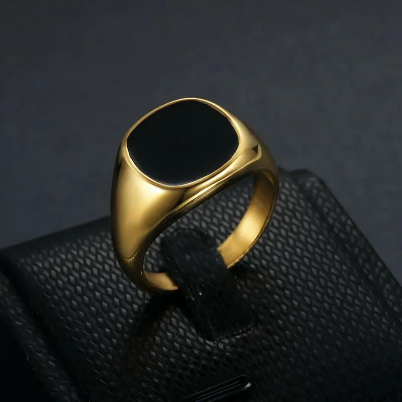 

FEEHOW Gold Color Stainless Steel Rings for Women Trendy Square Surface Gemstone Touch Feel Ring For Men Jewelry Gifts