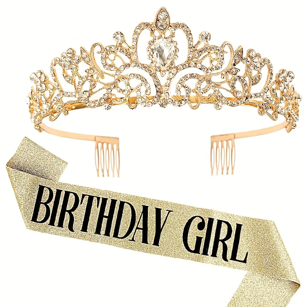 Birthday Crown Bling Rhinestone Crystal Tiara Sash Women Party Decoration Kit