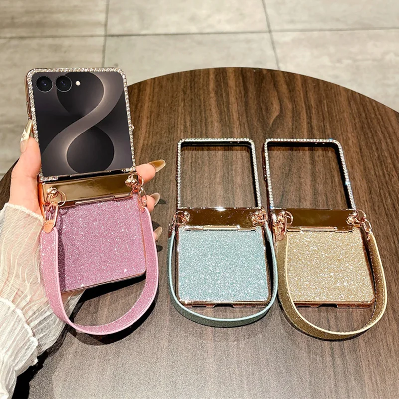 Glitzernde Strass-Handyhülle für Samsung 8 Flip, 8 Galaxy Z Flip, 7 Fe, 6, 5, 4 – galvanisierter Rahmen, Armband, Schutzhülle_voghion.com