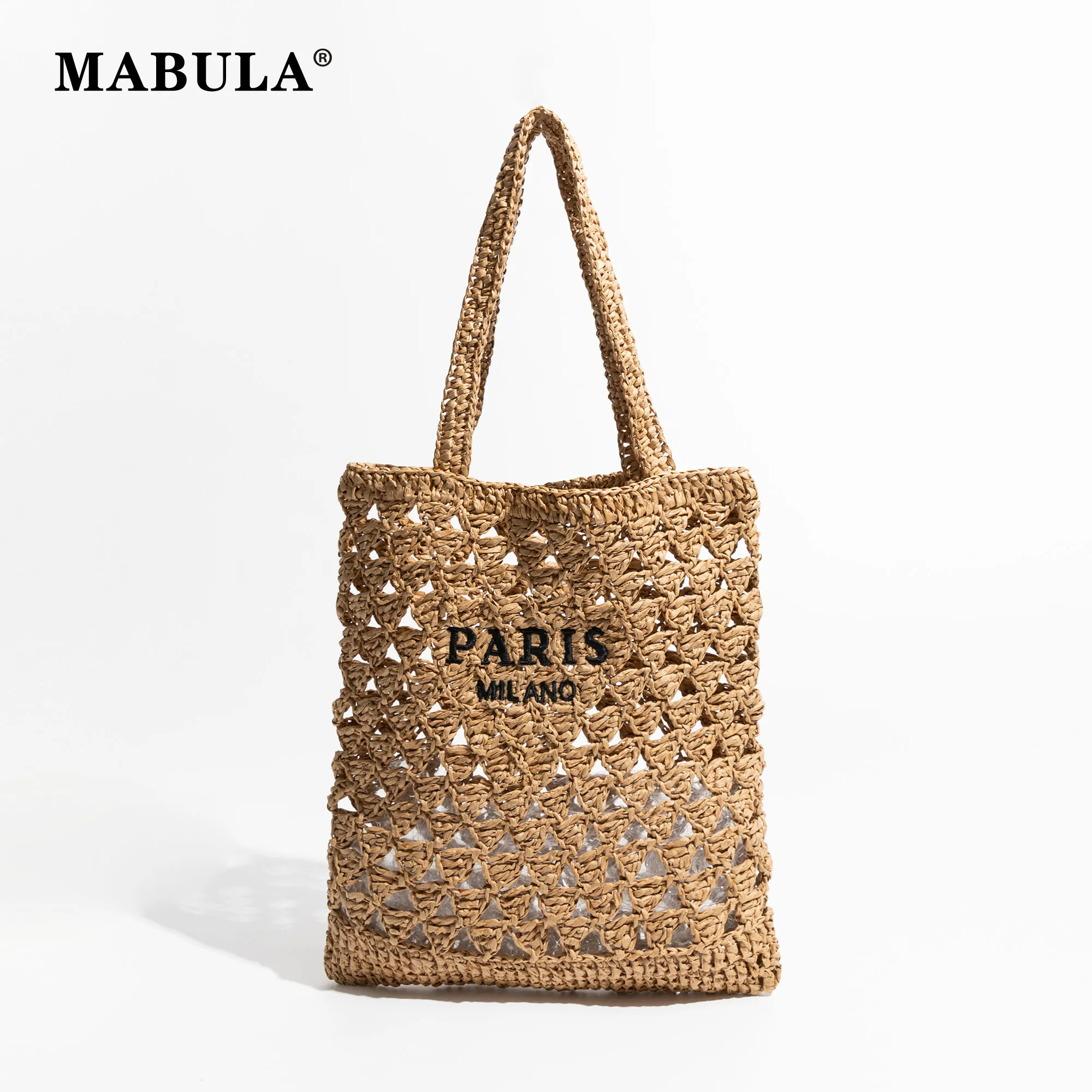 

MABULA Hollow Out Fashion Straw Beach Tote Handbag Lightweight Letter Embroidery Shoulder Purse For Woman Raffi Vacation Bag