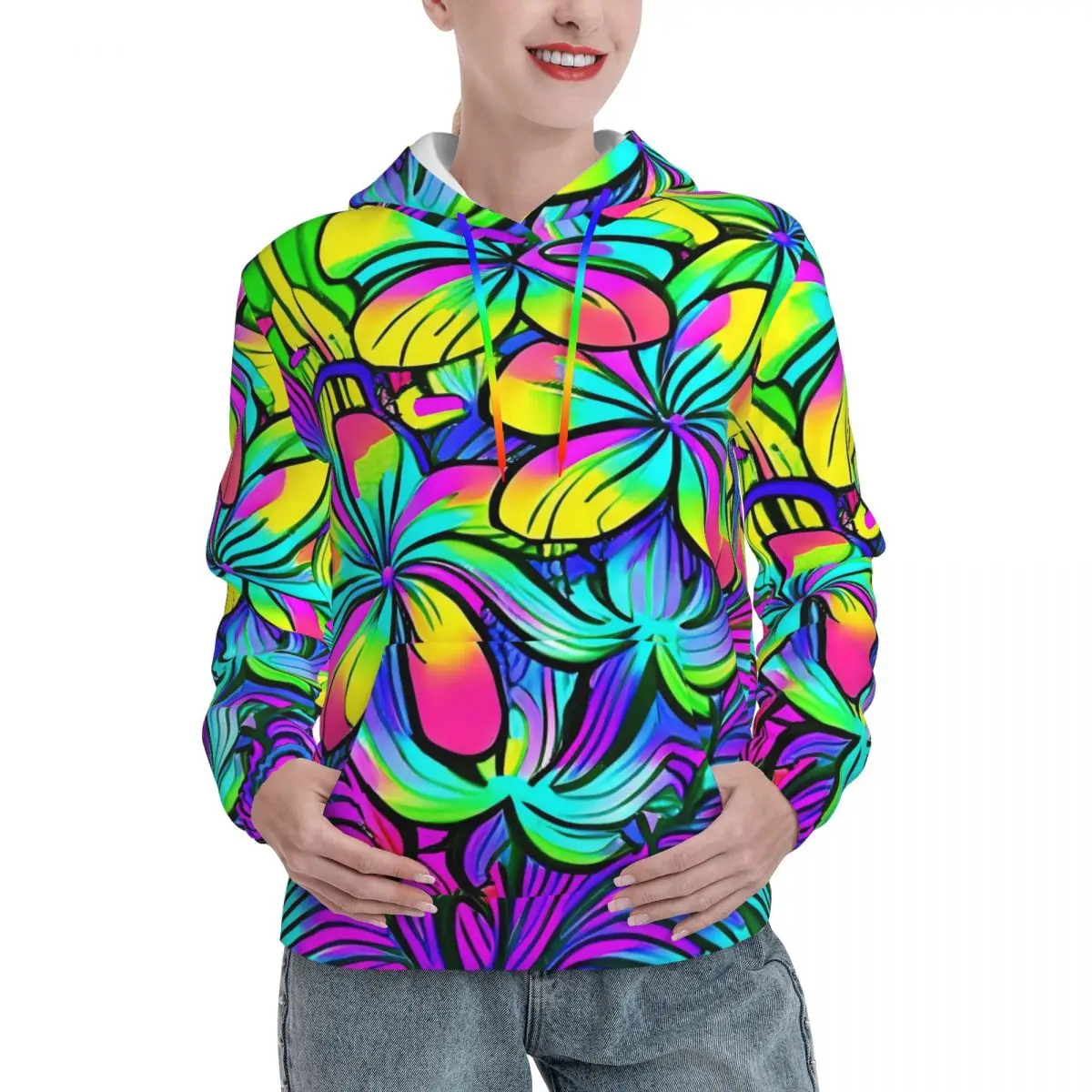 

Colorful Floral Loose Hoodies Woman Hawaiian Flower Power Streetwear Pullover Hoodie Autumn Modern Print Hooded Shirt Large Size