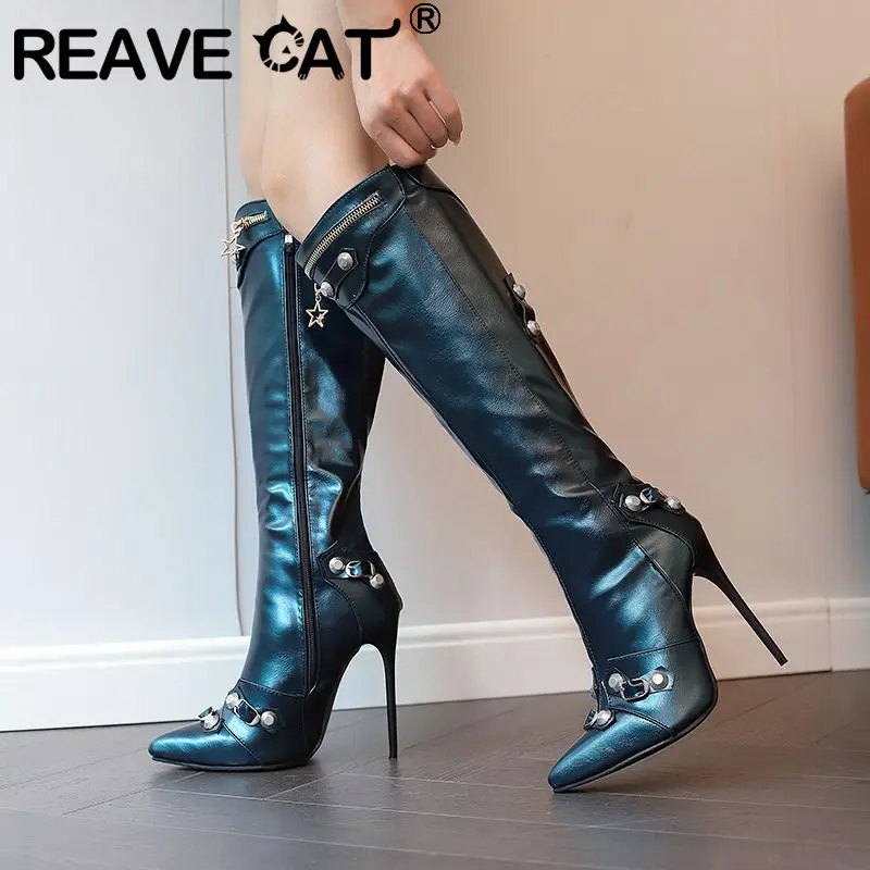 

REAVE CAT Luxury Women Knee High Boots Pointed Toe Stilettos 12cm Zipper Metal Decoration Large Size 46 47 48 Sexy Party Booties