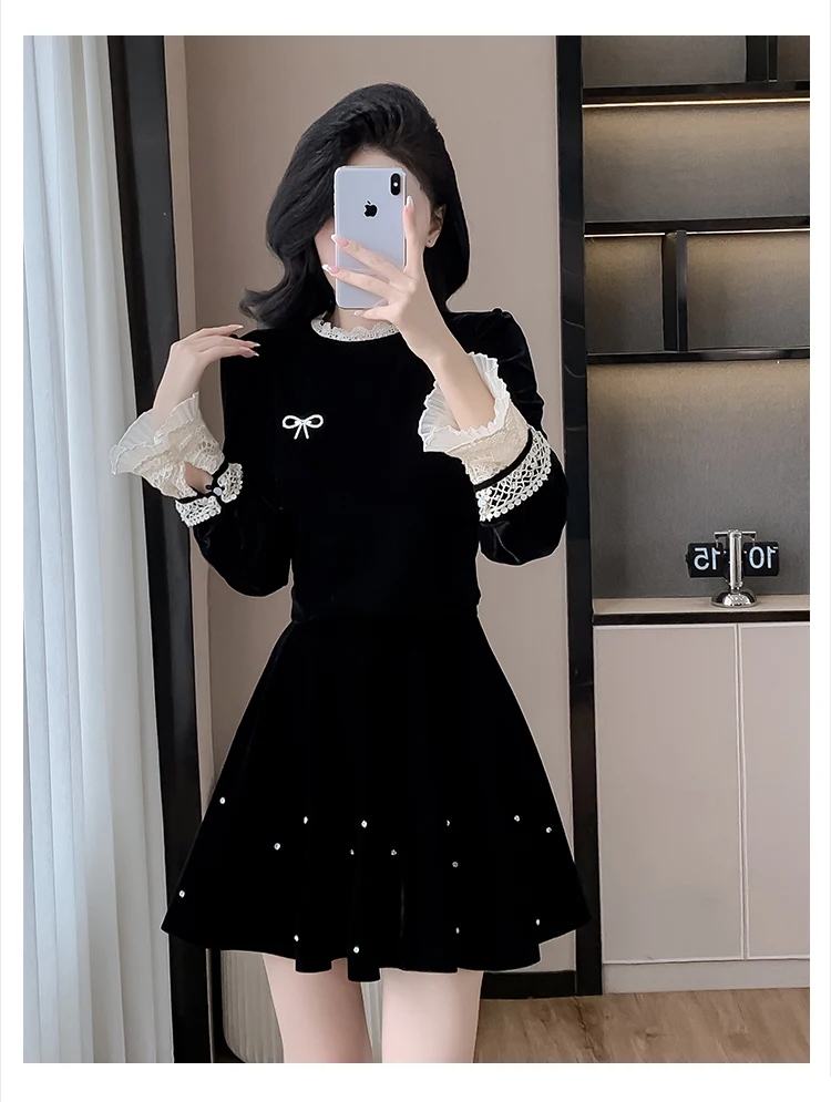 Autumn Elegant Velvet Two-piece Skirt Set Women Long Sleeve Lace Patchwork Crop Top Mini Skirt Korean Fashion Y2K Chic Outfits