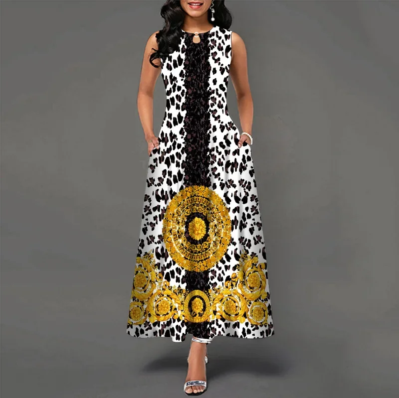 thumbnail image 1 of Vestido largo informal sin mangas con estampado de flores para mujer, cuello en V, estilo bohemio retro, 1 of 5