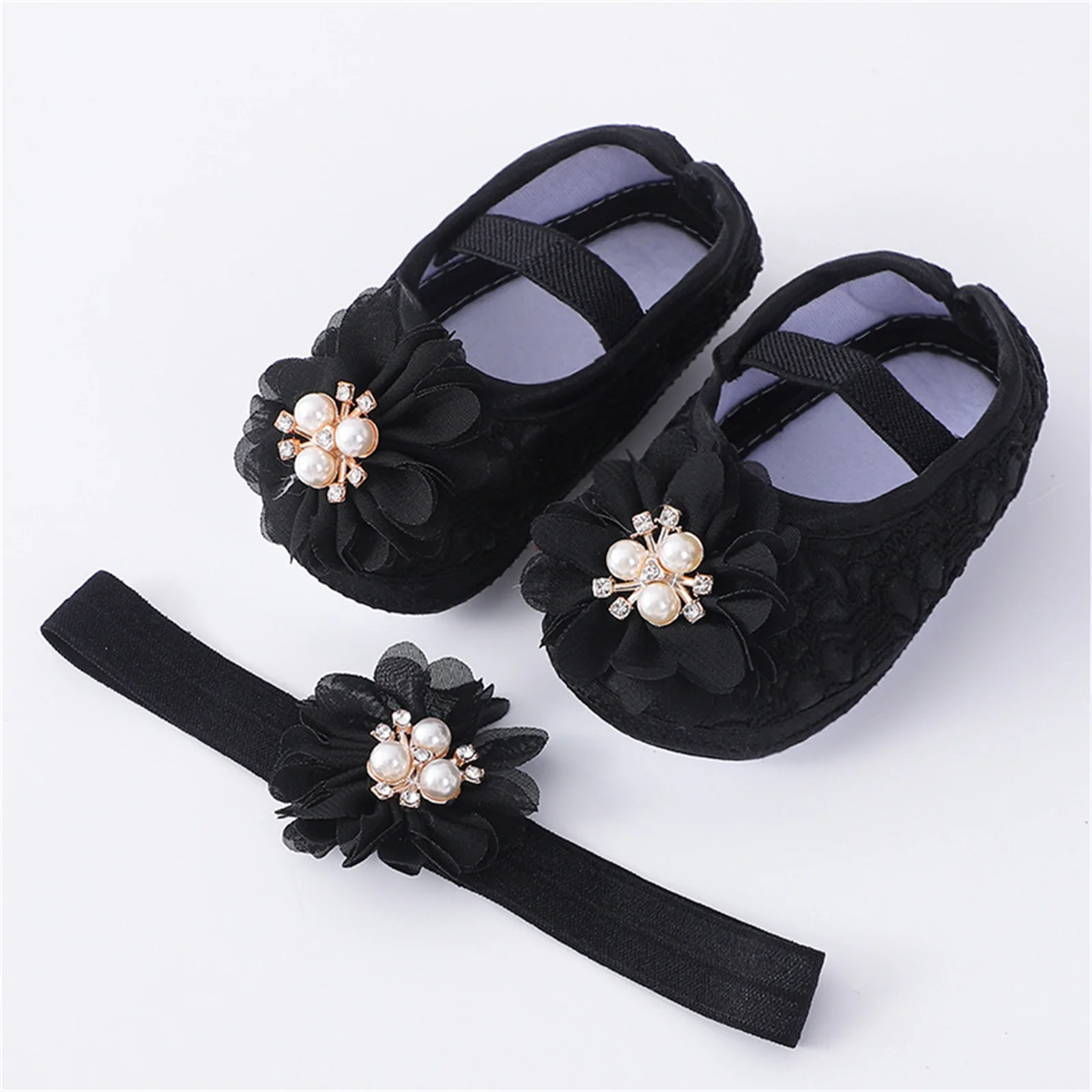 Casual Shoes Infant Baby Girls Flats Headband Soft Sole Non-slip Pearl Flower Princess Wedding Dress Walking for Newborn