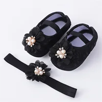Infant Baby Girls Flats and Headband Soft Sole Non-slip Pearl Flower Princess Wedding Dress Walking Shoes for Newborn 2