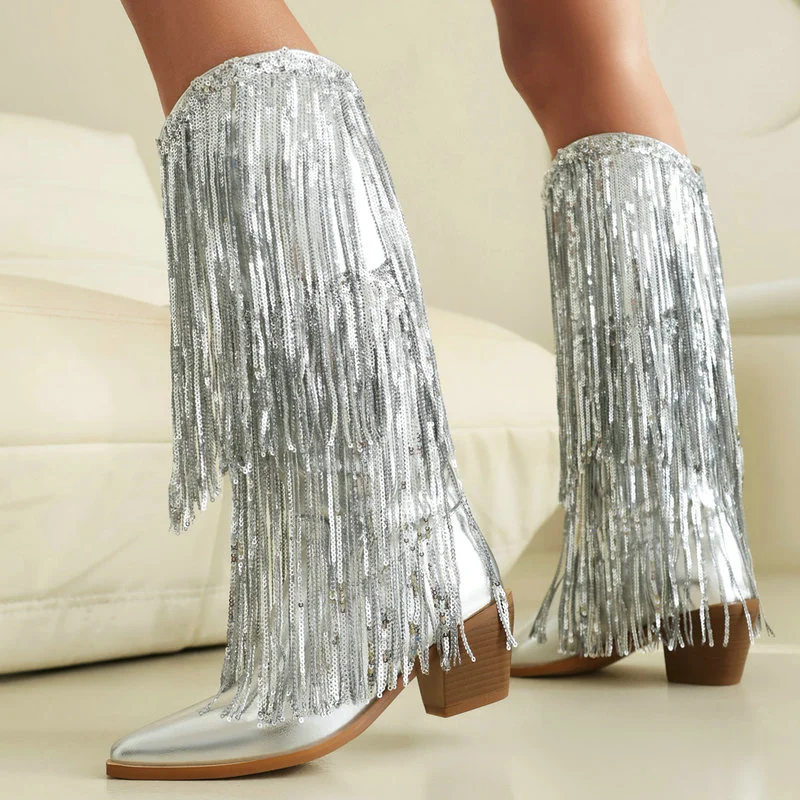 

2024 Autumn Winter Women Knee High Boots Square Heel Pointed Toe Ladies Calf Boots Microfiber PU Leather Fringe Party Shoes