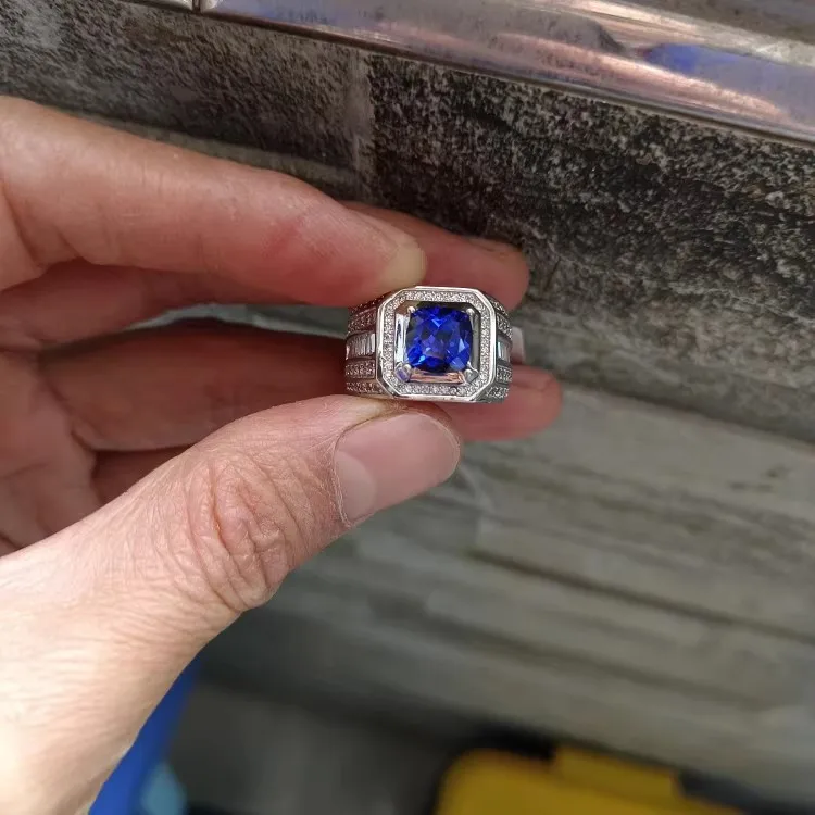 Men's ring with blue corundum Royal Sapphire fixed circle available US size 7-8-9-10