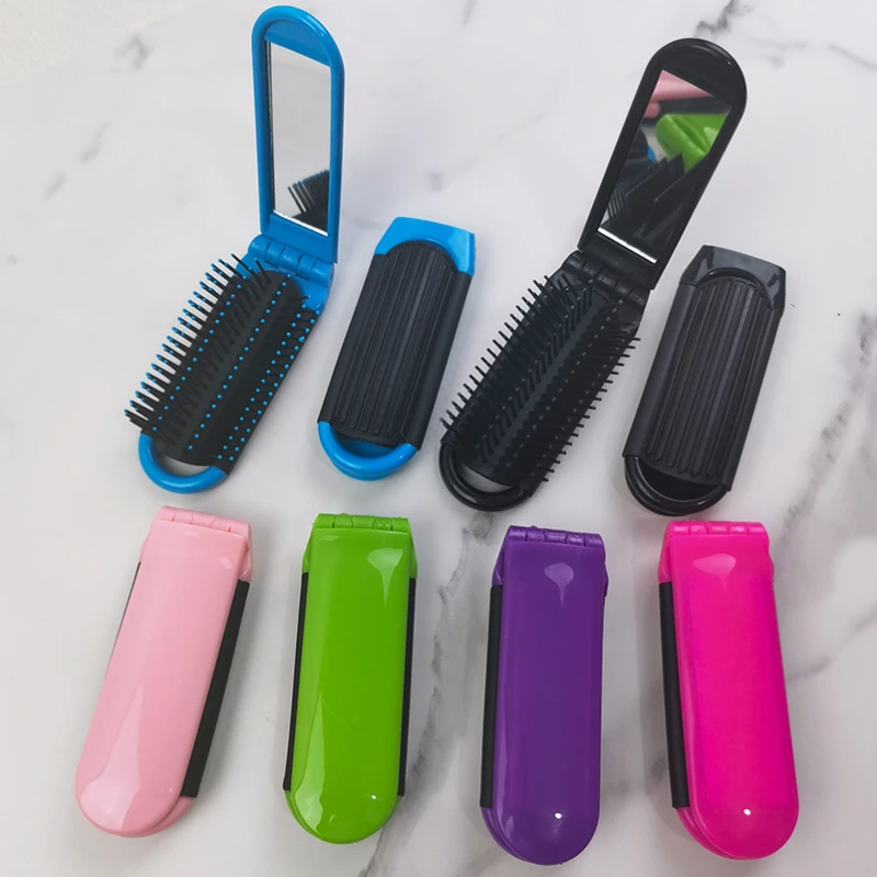 Compact Dual-Use Folding Hair Brush with Mirror - Portable and Heat-Resistant