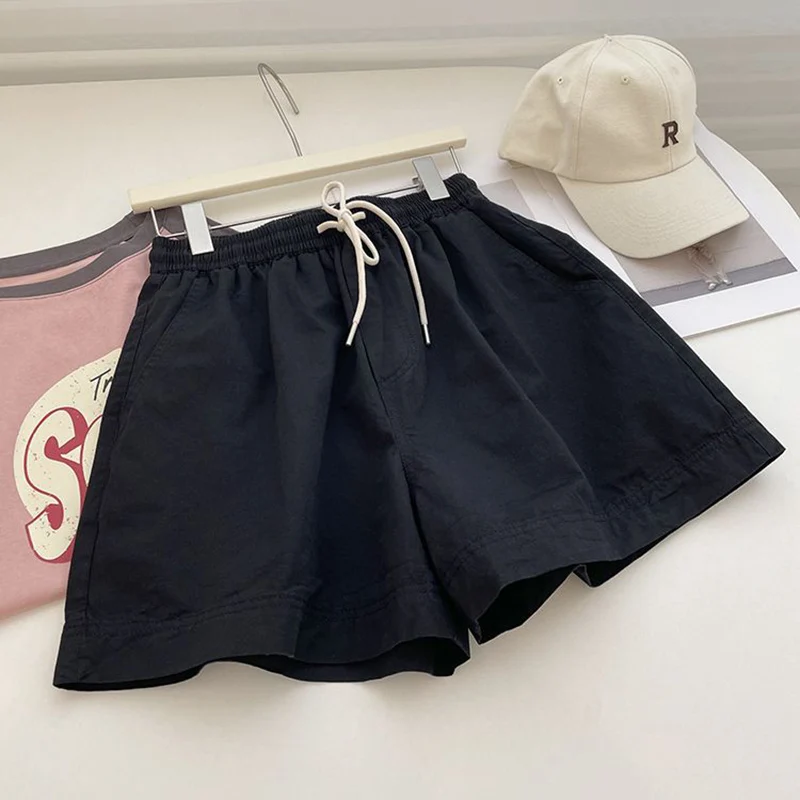 thumbnail image 1 of Pantalones cortos casuales Rimocy con cordón ajustable para mujer, pantalones cortos de cintura alta de color liso de verano 2023 para mujer, pantalones cortos rectos sueltos para mujer, 1 of 5