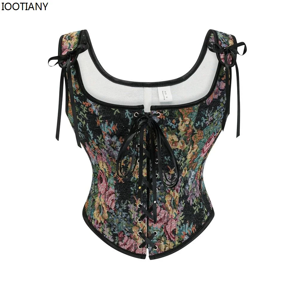 2024 French Style Front Strap Bra Retro Oil Painting Print Shapewear Lace-up Stacked Vest Victorian Party Corset For Women