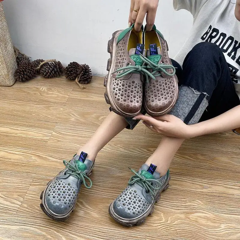 

YourSeason Ladies Vintage Sneakers Genuine Leather Lace Up 2022 Women Autumn Summer Hollow-out Platform Retro Casual Shoes