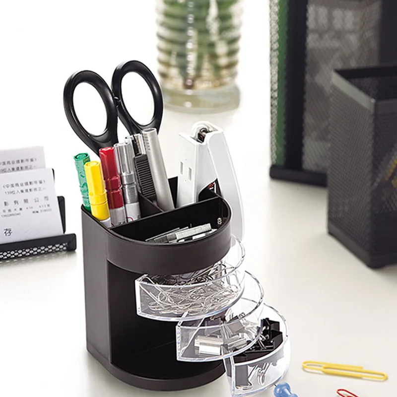Pen Holder Pen and Brush Holder Desk Organizer Desk Storage Rack with 3 Rotatable Arc Drawers 1pc