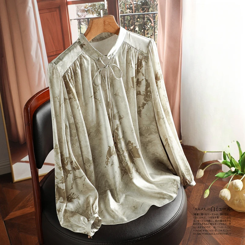 

Рубашка Женская атласная с длинным рукавом, шелковая блузка свободного покроя в винтажном стиле, одежда на весну/лето
