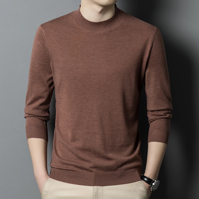 

High Quality Men's Sheep Wool Knit Tee Shirts 2023 Spring Casual Mock Neck Knitwear Long Sleeve Male Slim Wool Jumpers Pullovers