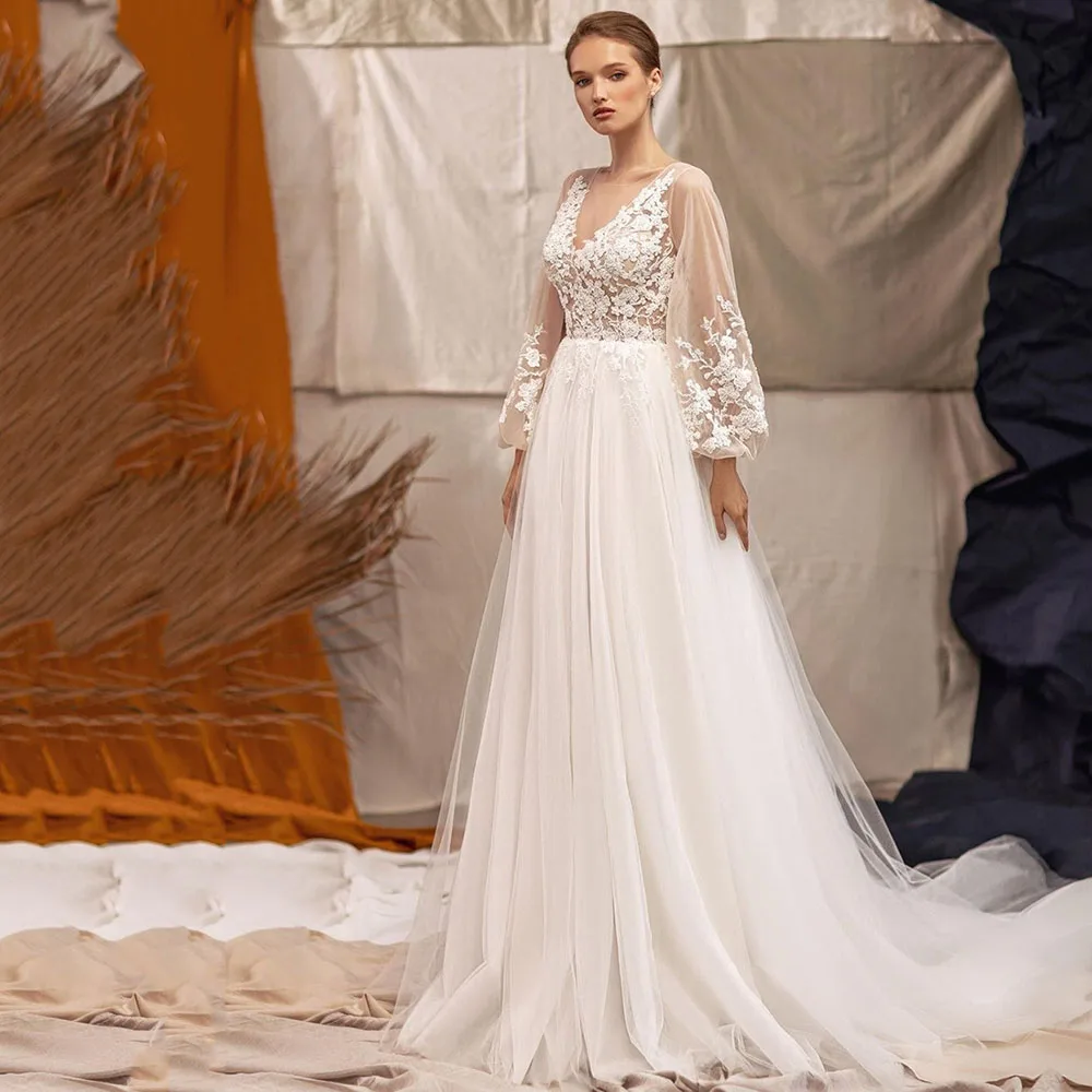 

Doymeny V Neck Wedding Dresses For Women Puff Long Sleeves A Line Lace Bride Dress robe de mariée 2024 Boho Wedding Gowns