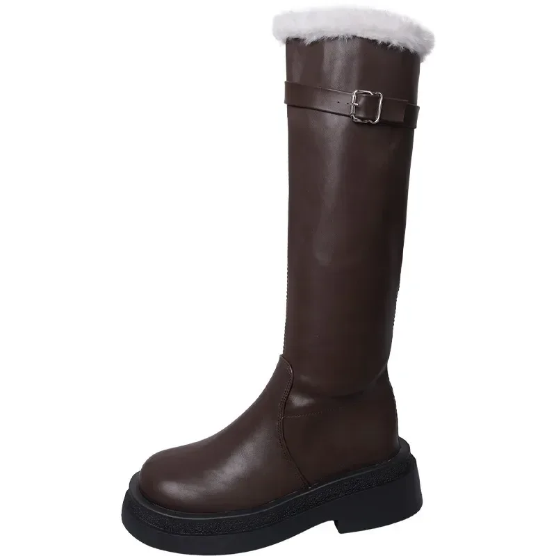 Chelsea Long Boots Women Fur Knee High Shoes New Winter Designer Warm Short Plush Motorcycle Boots Platform Flats Booties Femme