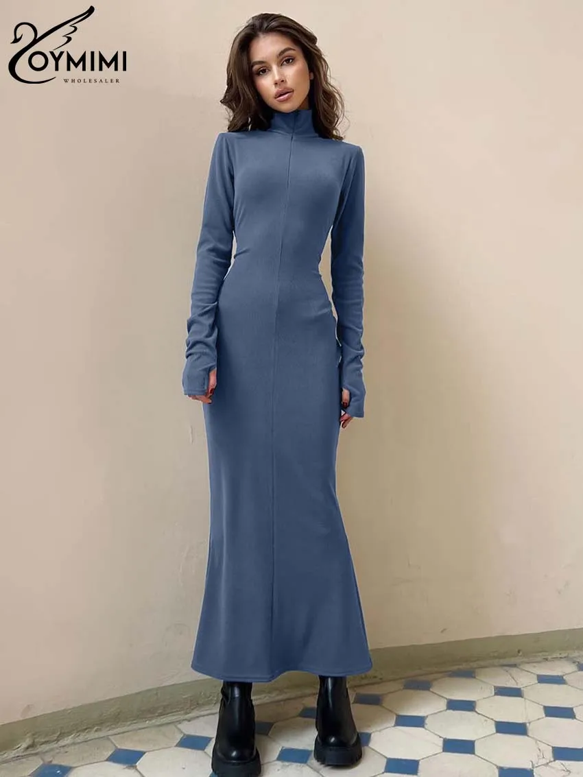 

Oymim Elegant Blue Slim Dresses For Women Fashion Turtleneck Long Sleeve Solid Dresses Casual Trumpet Ankle-Length Dress Female