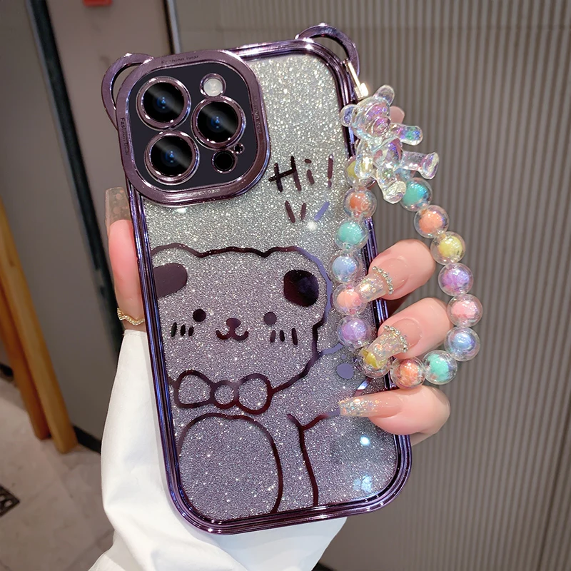 

Luxury Bling Glitter 3D Bear Ears Wrist Strap Chain Case For IPhone 11 12 13 14 Pro Max XS XR X 7 8 Plus Cute Pendant Soft Cover