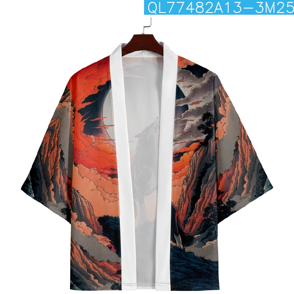 Oversized Wolf Print Fashion Japanese Cosplay Kimono Cardigan Men Shirts Yukata Haori Traditional Asian Clothing Plus Size