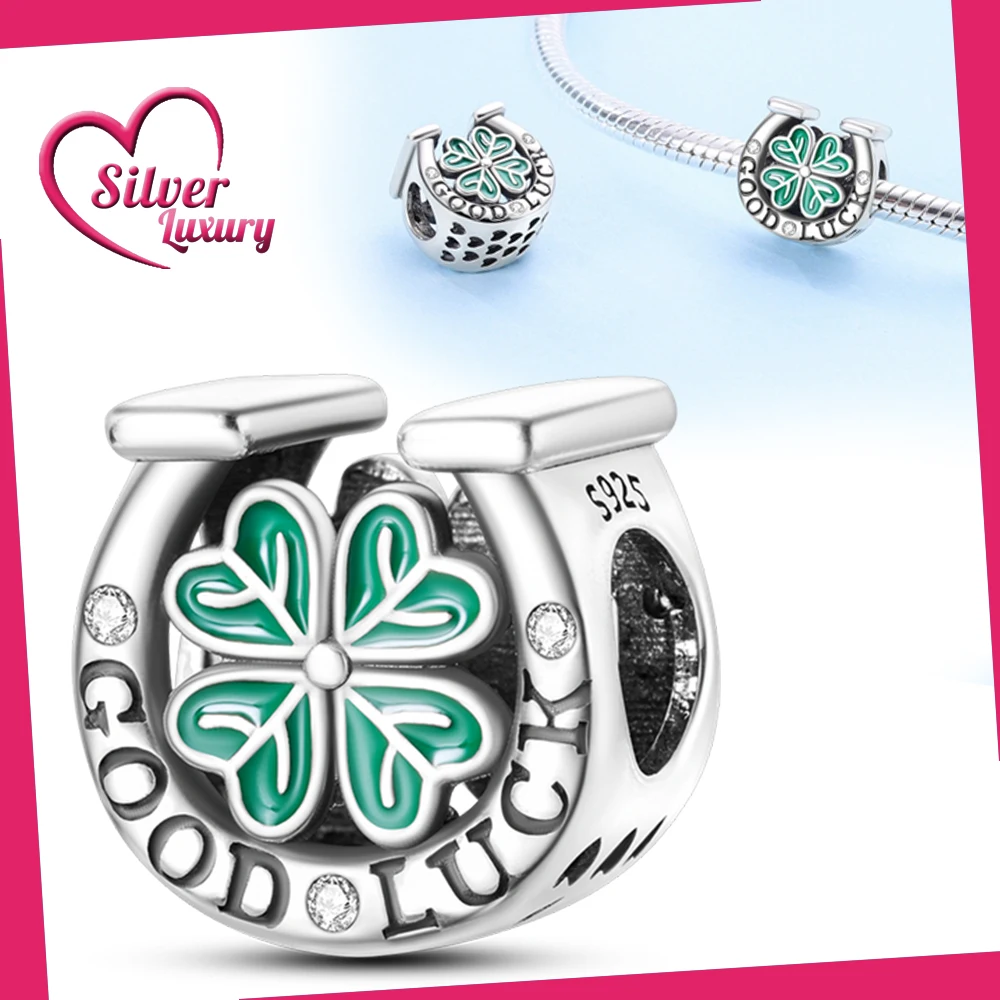 

925 Sterling Silver U-shaped Lucky Grass green zircon Fit Pandora Bracelet Silver 925 Original Charms for Jewelry Making