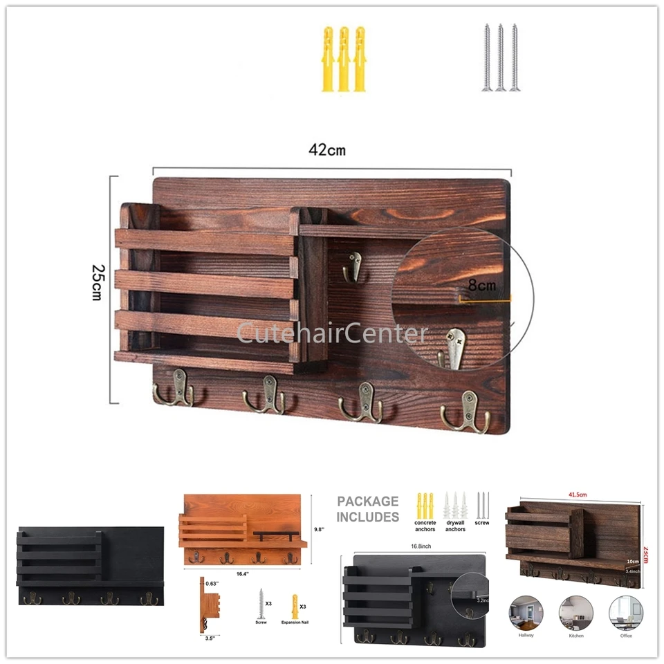 Portachiavi Da Parete In Legno Con 5 Ganci E Cassetta Per Posta – Organizer Decorativo Stile Retrò Per Ingresso, Corridoio E Casa – Marrone - 2