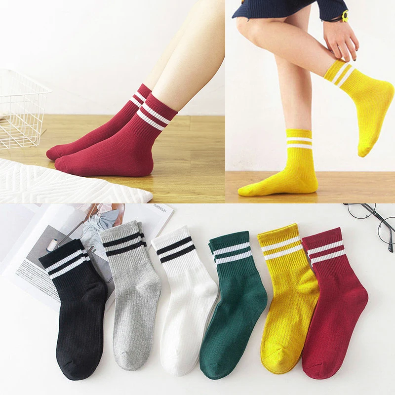 

1 Pair Japanese Style Striped Socks for Women High School Girls Harajuku Sock Solid Colors Needles Knitting Cotton Socks