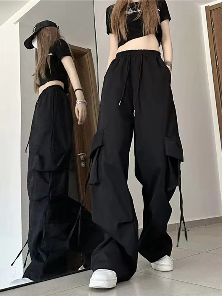 

Women Y2K Korean Cargo Pants Hip Hop Loose Causal Wide Leg Pants Fashion High Waist Baggy Streetwear Multi Pockets Sweatpants