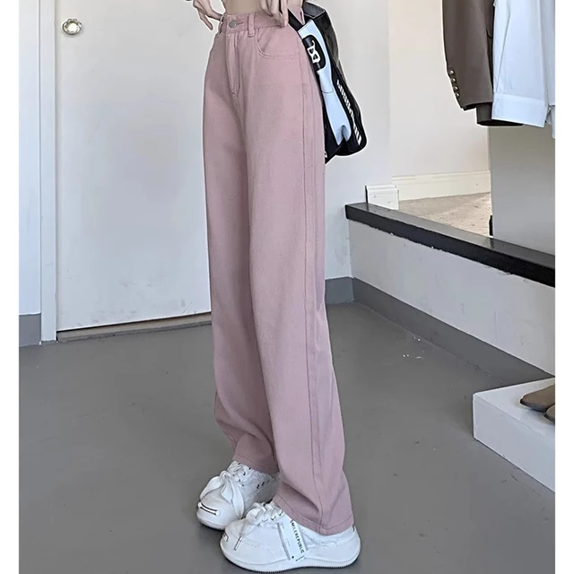 Jean Vintage à Jambes Larges pour Femme, Pantalon Taille Haute, Mode Féminine, Noir, Gris, Rétro, Bleu Clair, Rose, Denim Fjj 2