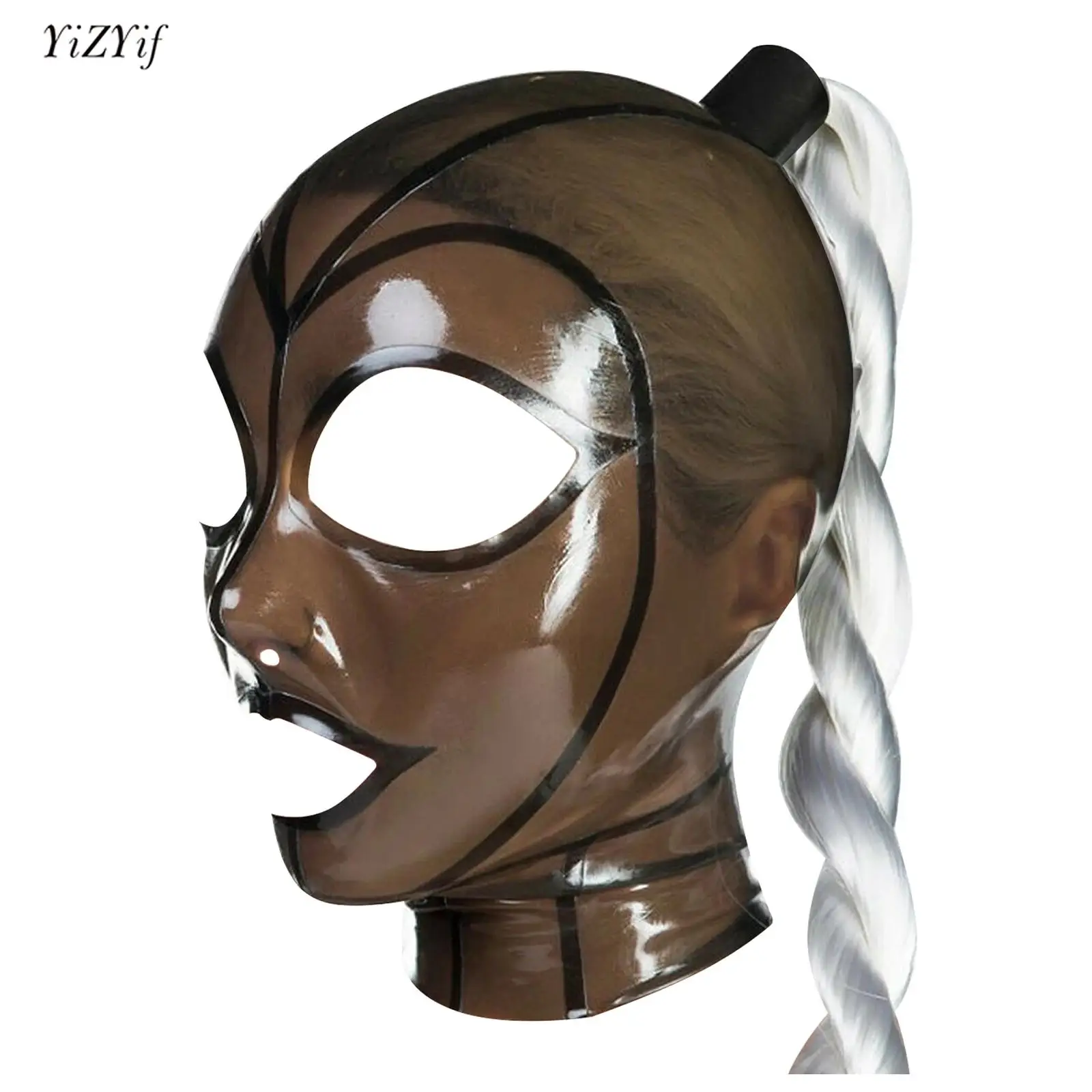 

Unisex Latex Mask Zipper Hood Headwear Open Eyes Mouth Nostrils Full Head Cover Face Mask with Ponytails Wig Clubwear Cosplay