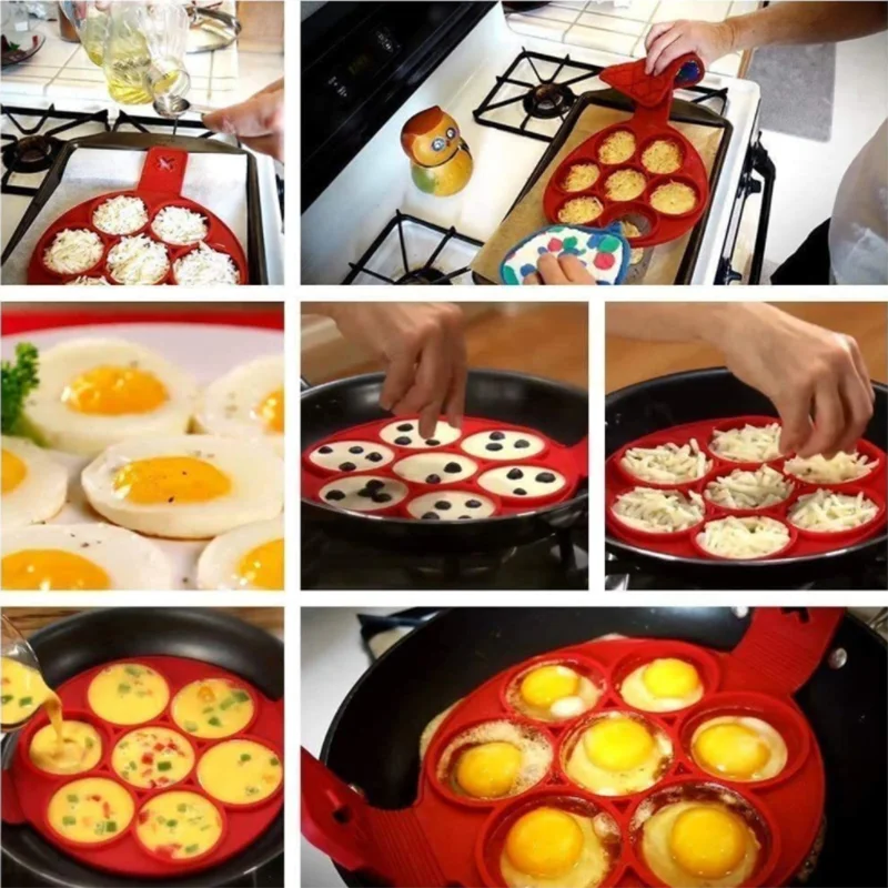 Silicone Pancake Maker Multiple Shapes 7 Holes Nonstick Baking Mold Ring Fried Egg Molds Family Cooking Kitchenware Gadgets