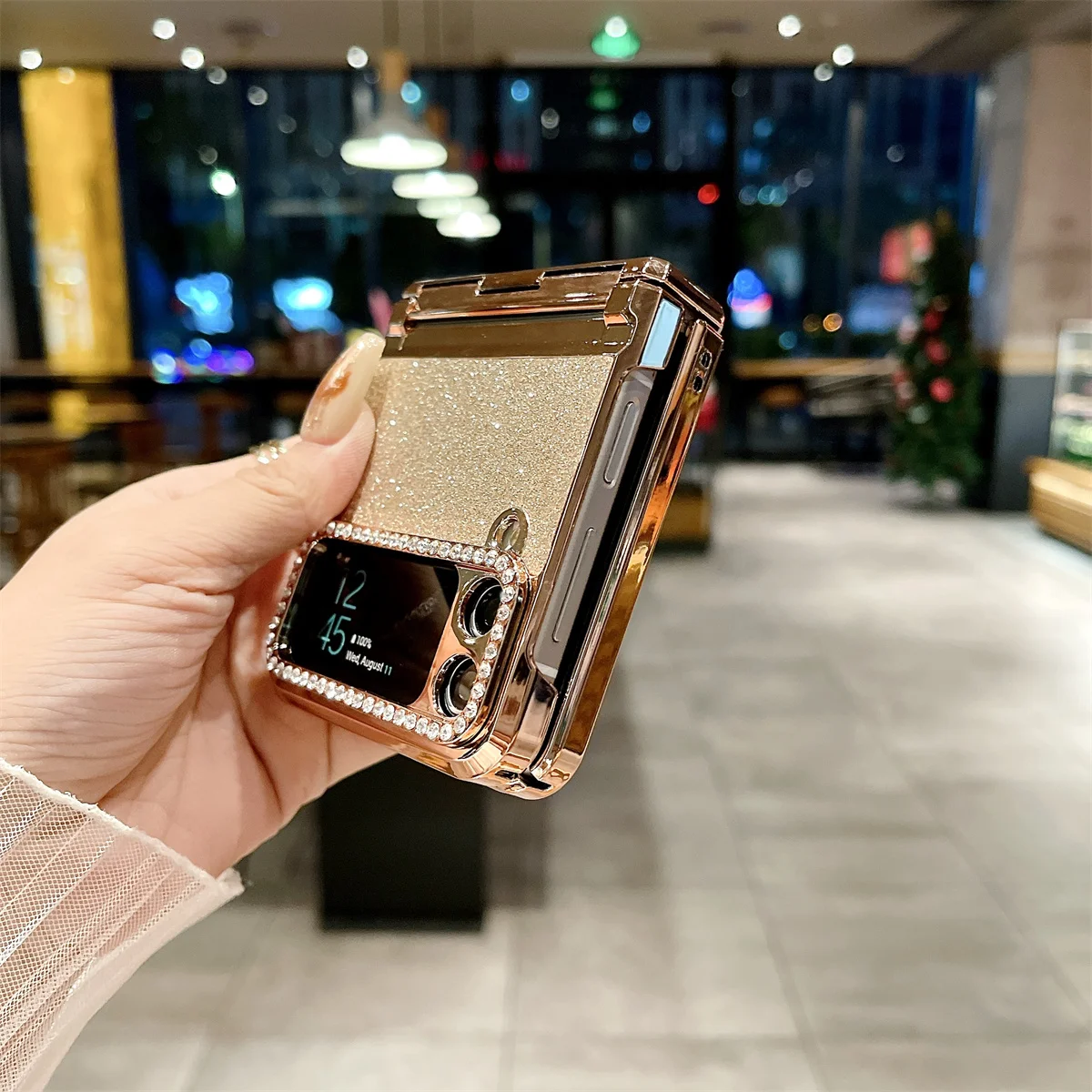 Coque de téléphone Samsung Galaxy Z Flip 5 4 3 5G, garniture en cuir Pu scintillante avec strass, charnière plaquée, couverture arrière en plastique_voghion.com