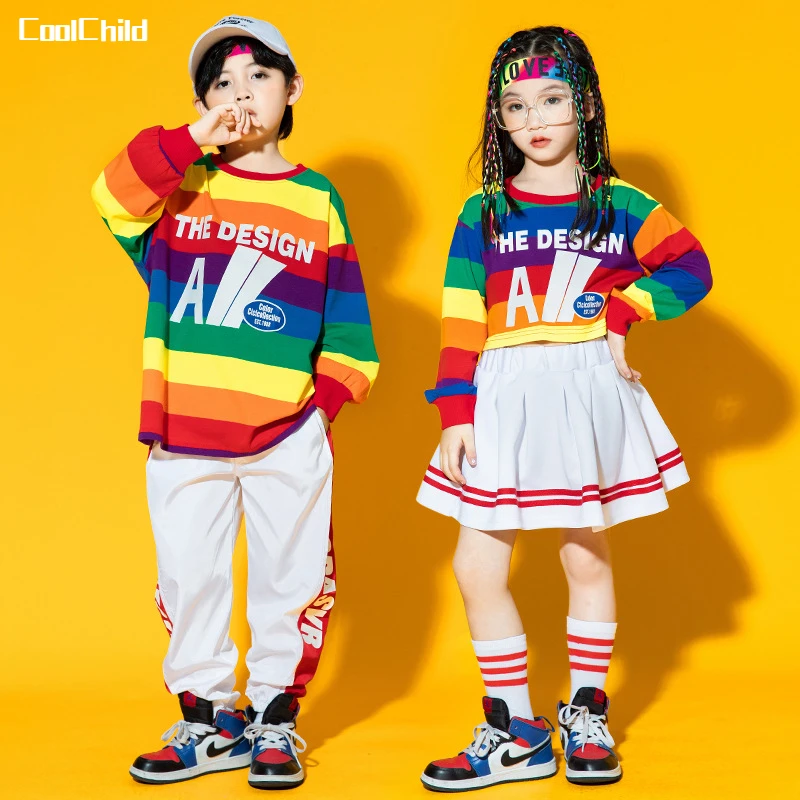 BoyStreetDanceRainbowStripedSweatshirtJoggersPantsGirlsHipHop