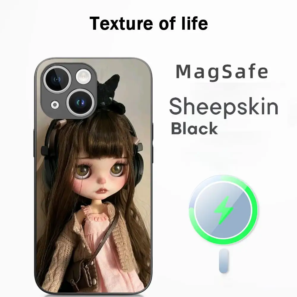 Blythe Cute Doll Fashion Pattern High-End Luxury Magsafe Sheepskin Phone Case